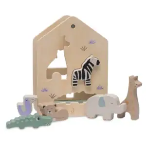 Houten sorteerstoof met jungle dieren, educatief speelgoed voor baby's.