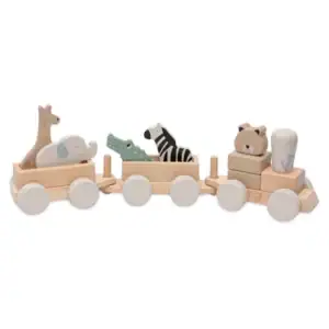 Houten speelgoedtrein met jungle dieren, perfect voor baby's en peuters.
