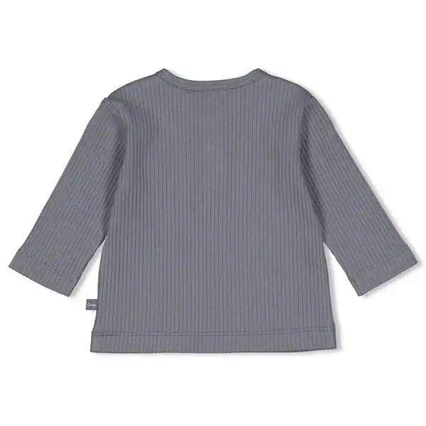 Grijze baby longsleeve met ribstructuur, zacht en comfortabel.