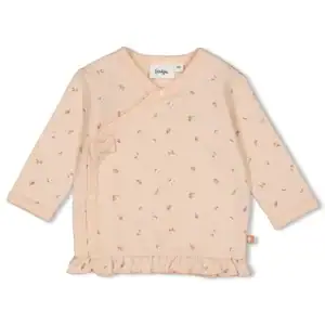 Licht roze baby overslagshirt met kleine print en ruffle details, geschikt voor newborns.