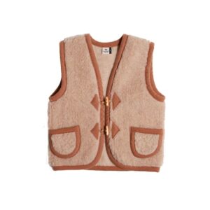 Alwero bodywarmer voor kinderen in beige, met naamoptie, zacht en warm voor de winter.