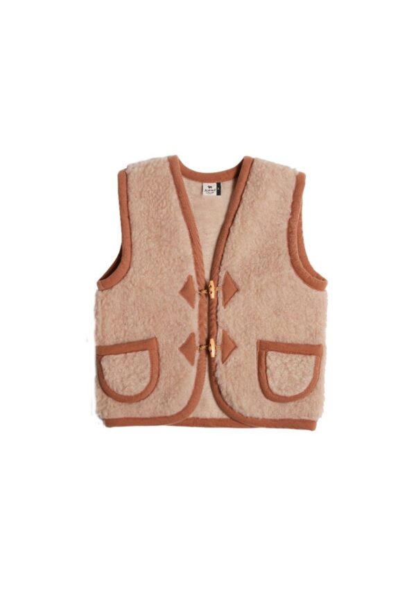 Alwero bodywarmer voor kinderen in beige, met naamoptie, zacht en warm voor de winter.