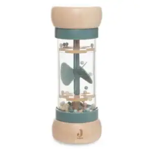 Houten regenrammelaar voor baby's, ideaal voor onderweg en sensorisch spel.