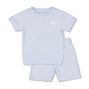 Baby wafel shortama in blauw, zacht en comfortabel voor jonge kinderen.