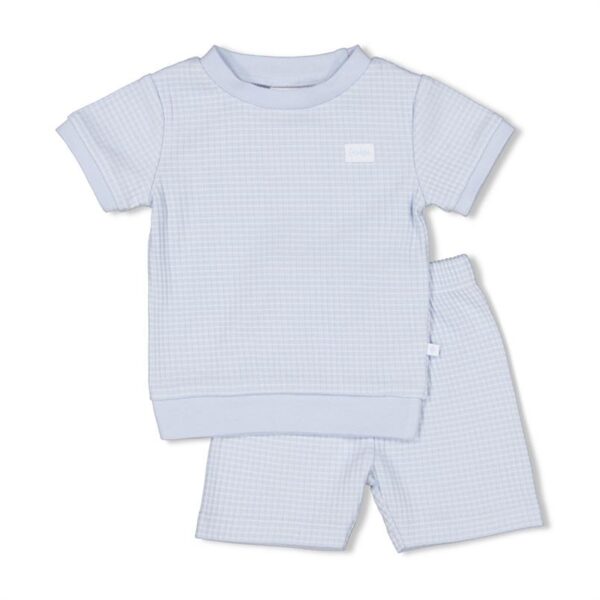 Baby wafel shortama in blauw, zacht en comfortabel voor jonge kinderen.