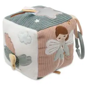 Activiteitenkubus voor baby's met vogelthema en zachte texturen.