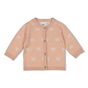 Roze gebreid babyvestje met strikpatroon, perfect voor kleintjes.